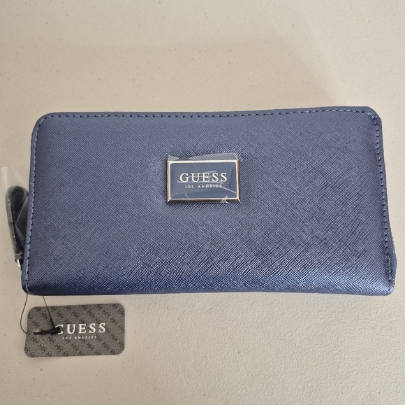 Guess Los Angeles Abree Medium Zip Around Metallic Blue Faux Leather Wallet - Picture 1 of 8